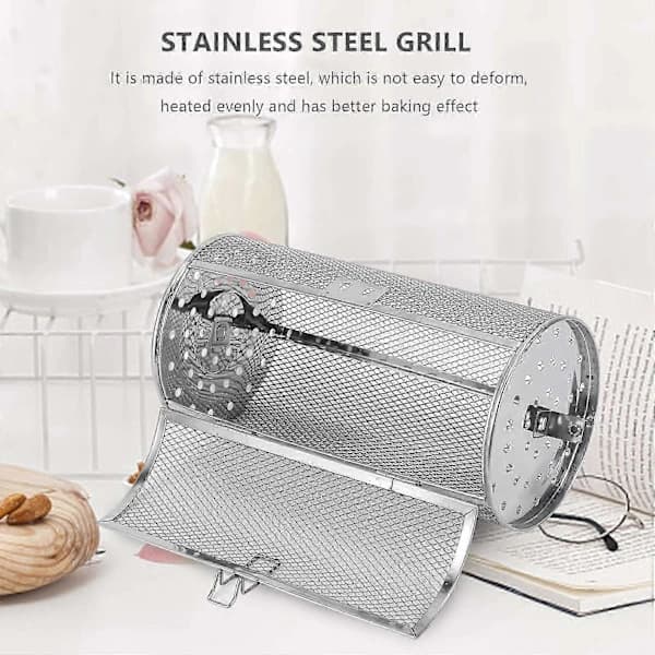 Roterende Grillkurv Rustfrit Stål Ristertromle til Kaffebønner BBQ Jordnødder og Tørring af Te Sølv 12 x 23 cm silver