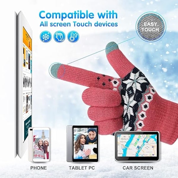 [QD] Vinter Touchscreen-hansker Varme Termiske Myke Fôr Elastisk Mansjett for Kvinner Rose rød