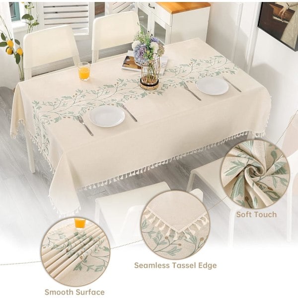 [QD] Rektangulær bomullsduk i lin, støvtett, vaskbar, beige duk med dusker, grønne broderte blader (140x220 cm)
