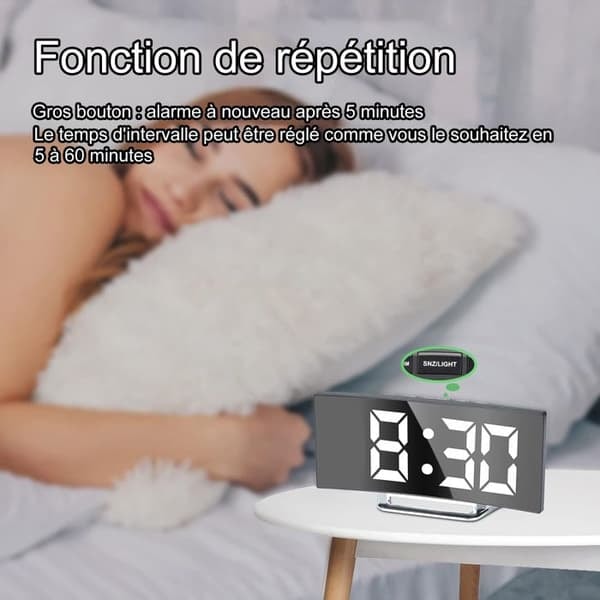 /QD/Digital väckarklocka - Vit - 7'' LED-spegel - 2 ljusstyrkenivåer - USB-laddning - Snooze-funktion