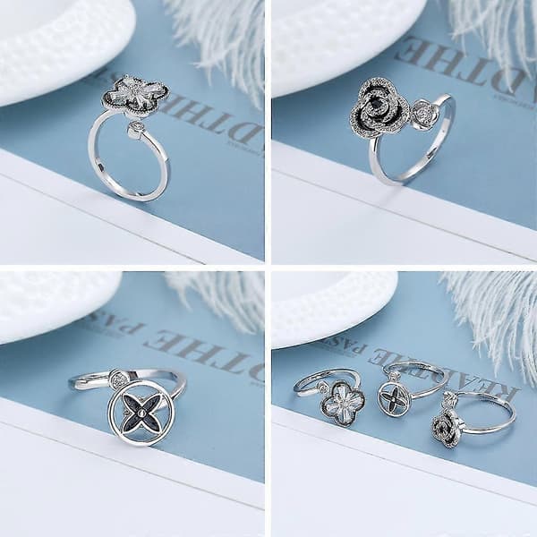 Angstdæmpende Ringe Justerbare Åbne Ringe Blomsterformede Ringe Med Zirkon B