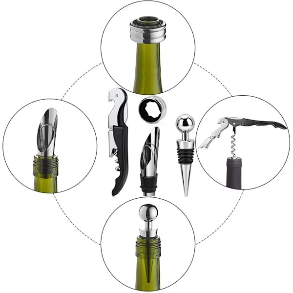 QU.Wine Luftare Hällare Set, Tryck Flasköppnare, Hällpip, Korkar, Ring, Vinförslutare