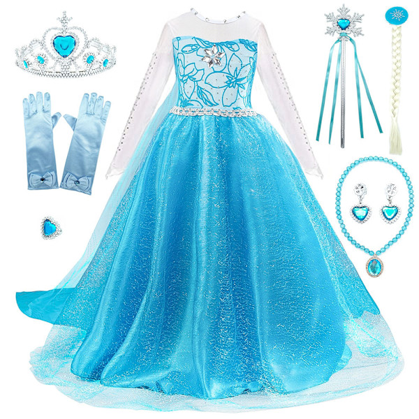 Elsa Prinsessklänning + Tiara/Fläta/Handskar - S