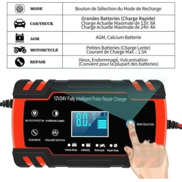 QU/8A 12V/24V Smart Bil Motorcykel Batteriladdare, 3-Stegs Auto-Reparationsfunktion för Lastbil, AGM, GEL, WET, SLA-DPZO