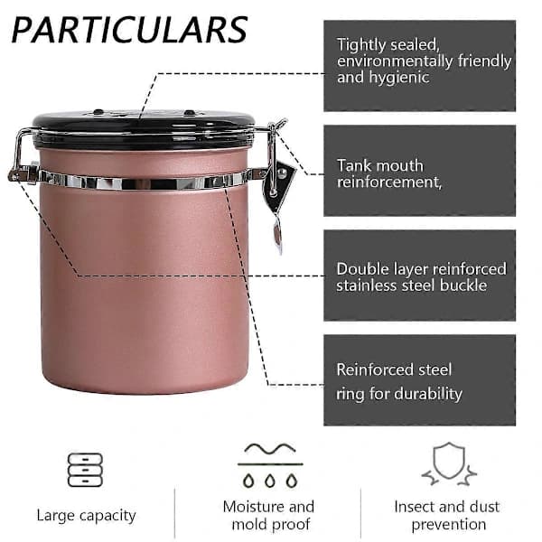 Lufttæt kaffebeholder i rustfrit stål med datotracker, vakuumpakket opbevaring til kaffebønner og -pulver, 1500 ml, pink style7286