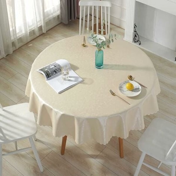 #QD#PU-belagd plastduk rund fläckresistent vattentät vaxduk Elegant blomstertryck för picknick, utomhus, trädgård - Diameter 140 cm, ljusbeige