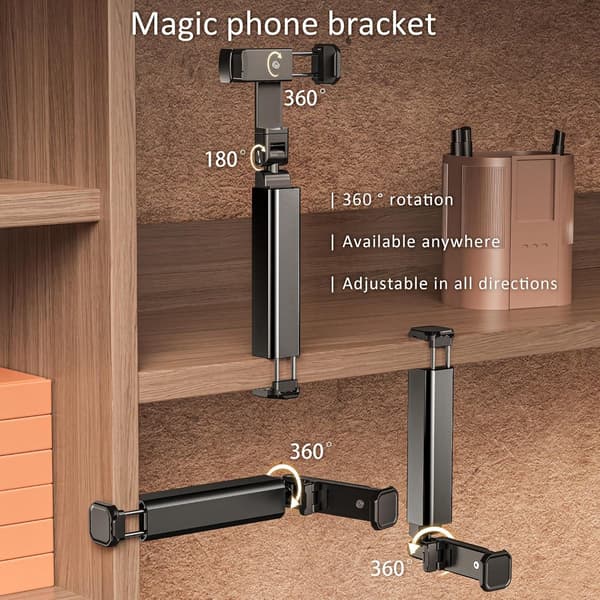 Bærbar telefonholder, foldbar 360° roterende ABS-klipsstativ til fly, tog, skrivebord og rejser, sort