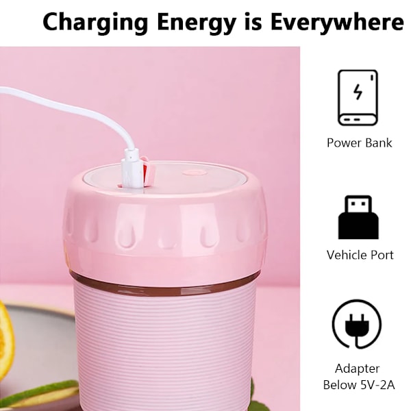QU. Dubbelklicka för att starta Mini Blender Cup Lättviktig Juicekopp Portabel Juicer USB-laddning 300ml