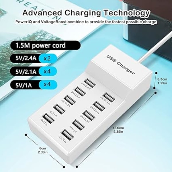 QD-USB-lader, 10-porters USB-uttak, multiport USB hurtiglading
