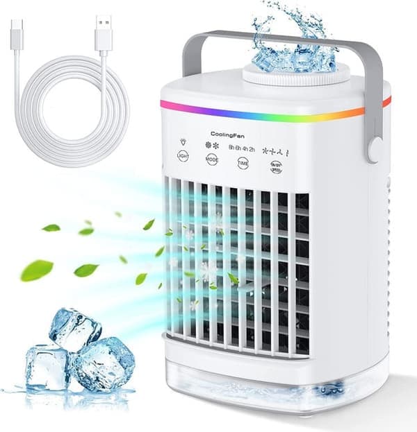 Portable Air Conditioner with Fan and Lighting - Small Air Cooler with Humidification Function, 4 Speeds