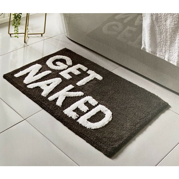 QD-GET NAKED Sort og hvid badeværelsesmåtte med vandabsorberende bagside, badeværelsesmåtte med pop-up-bogstaver Get Naked, superblød og skridsikker (sort)