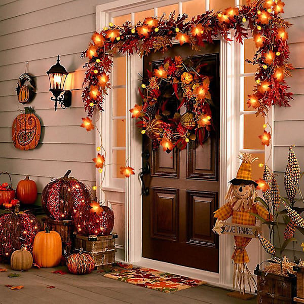 [QD] Keinotekoinen syksyn vaahteranlehti kurpitsa -köynnös LED-valonauhat kiitospäivän joulujuhliin DIY-koristelu Halloween-rekvisiitta