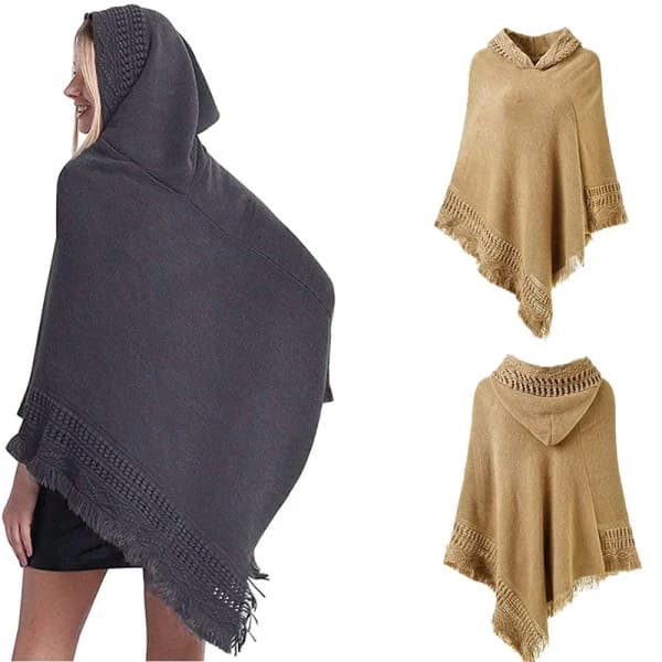 Virad huva Poncho Cape (khaki) för höst- och vinterdamer