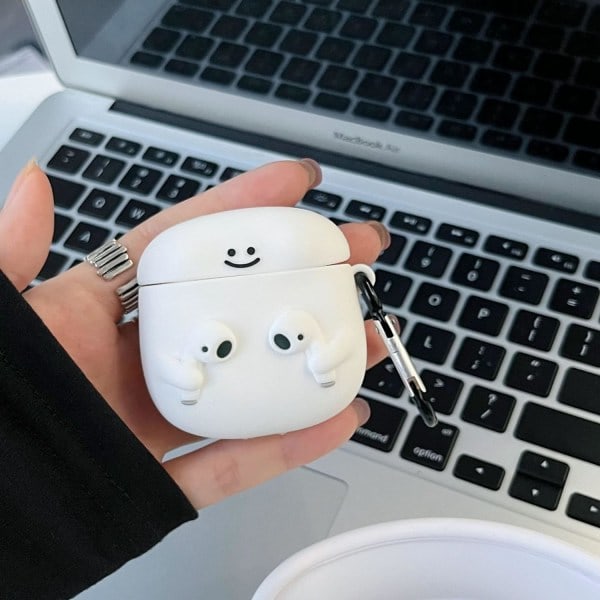 [QD] Kompatibelt med AirPods-fodral, mjukt silikon, söt 3D rolig tecknad design, stöttåligt nyckelringsskydd för flickor, kvinnor, AirPods 3 - Vit