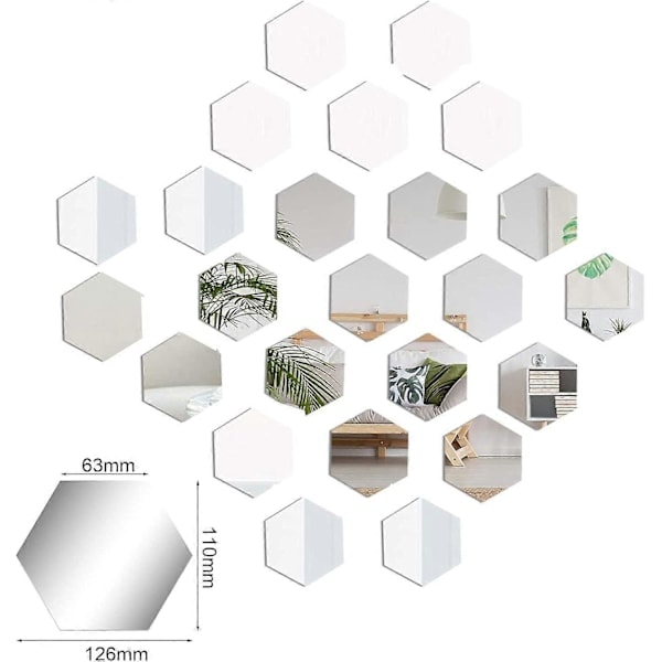 \"QD\" 24 Stk. Akryl Hexagon Spejle, Selvklæbende Fleksibel Spejlark DIY Kunst Spejl til Stue Soveværelse Badeværelse Sofa TV Baggrund Vægdekoration