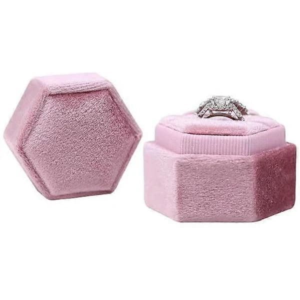 Hexagon Sammet Dubbla Fack Ring Arvegods Låda Förlovningsring Låda (Rosa)