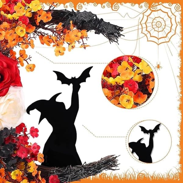 Halloween Krans – 35 cm Måne, Sort Kat, Heks & Roser Kunstig Dørkrans, Dekoration til Halloween og Efterår