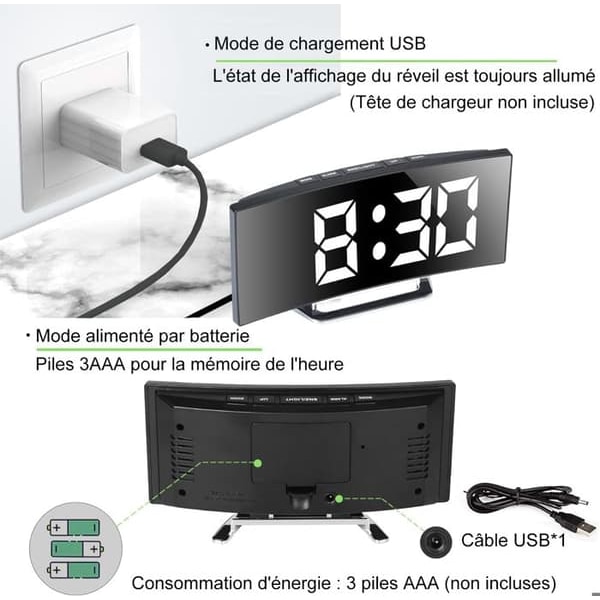 /QD/Digital väckarklocka - Vit - 7'' LED-spegel - 2 ljusstyrkenivåer - USB-laddning - Snooze-funktion