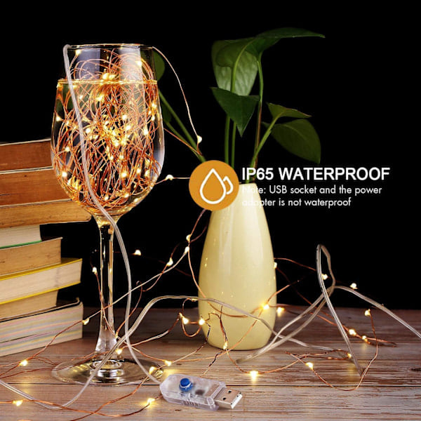 [QD][2-pack] Ljusslinga, 100 LED-lampor, 10 m, 8 lägen, USB-kontakt, Vattentät, Kopparljusslinga med fjärrkontroll och timer för fest, jul