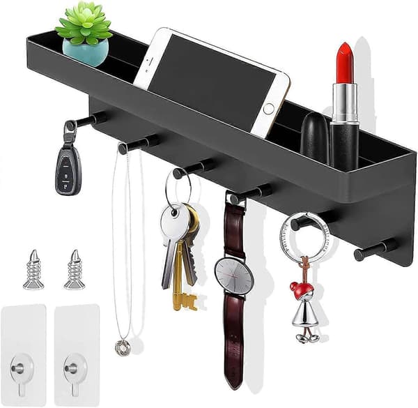 Key Board with Shelf, longziming 6 Hooks & Key Bar, Modern Key Board Black