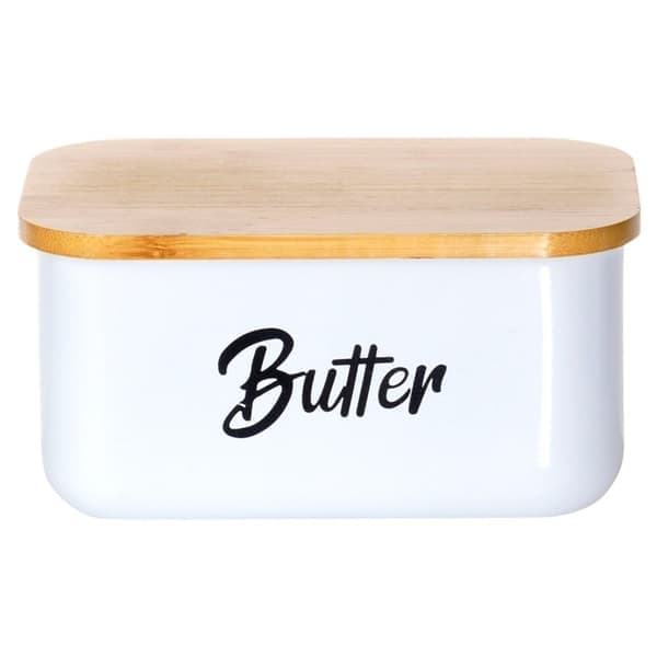 Smörask i vit stål med bambulock och \"Butter\"-text