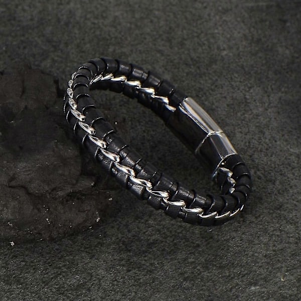 \"QD\" Armband för pojkar i äkta läder, svart. Titan silverkedja med magnetlås, 18,5 cm