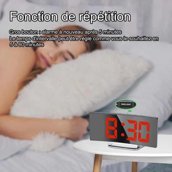 /QD/Digital väckarklocka - Ospecificerad - 7'' LED Spegel - 2 ljusstyrkor - USB-laddning - Batteridrift