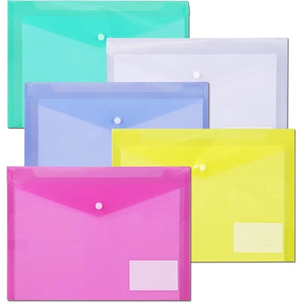 12-pack Mapp med tryckknapp, A4-storlek, med etikettficka, 5 färger