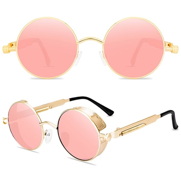 [QD] Runde Solbriller Mode Cirkel Ozzy Hippie Briller Guldramme Rosa Linser Gold Frame Pink Lenses 3 Pak