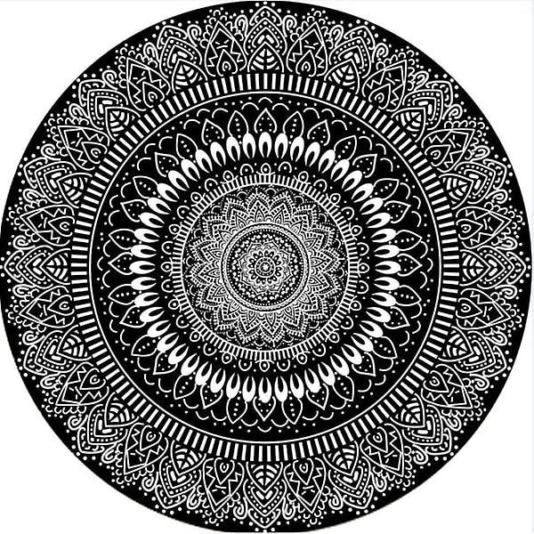 Rundt tæppe 100 cm sort mandala blødt bademåtte skridsikker vaskbar dekorativt plys gulvtæppe til entré stue soveværelse