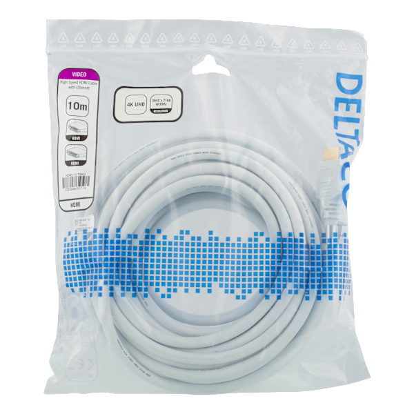 HDMI-kabel, höghastighets, 10m, Ethernet, 4K UHD, vit