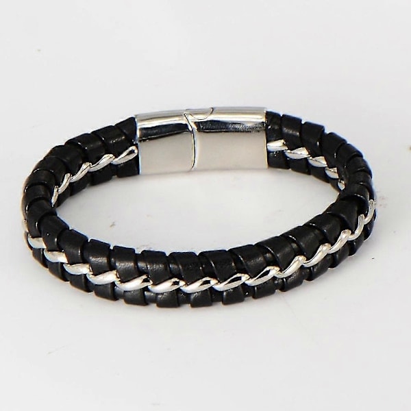 \"QD\" Armband för pojkar i äkta läder, svart. Titan silverkedja med magnetlås, 18,5 cm