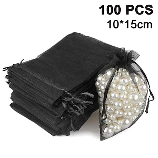 [QD] 100 stk. transparente smykkeposer med snøre, gavepose, sort, 10x15 cm