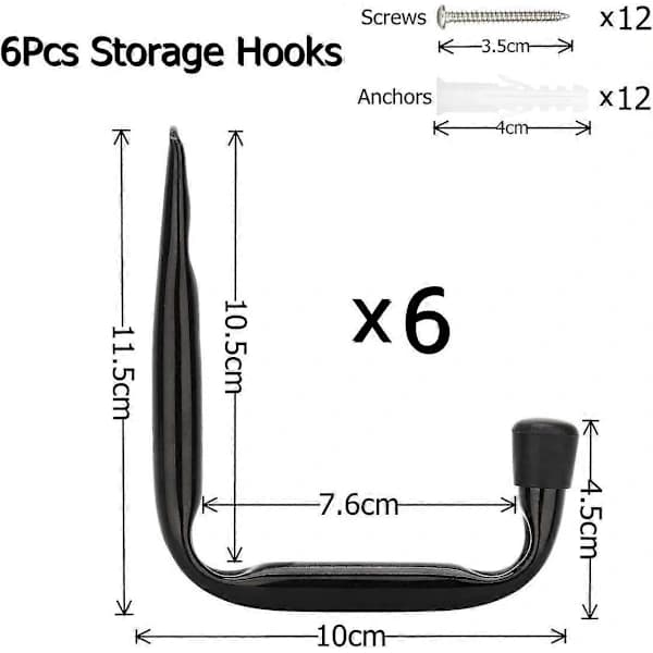 Kraftiga J-krokar för garageförvaring, 6-pack väggmonterade stålhängare (12 cm x 10 cm)