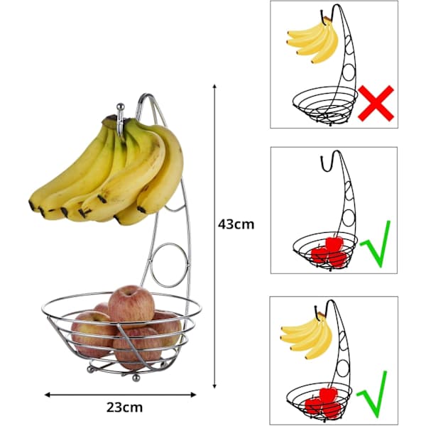 Fruit Basket Fruit Bowl with Banana Hook 43cm High, Wire Fruit Bowl - Silver Chrome Finish