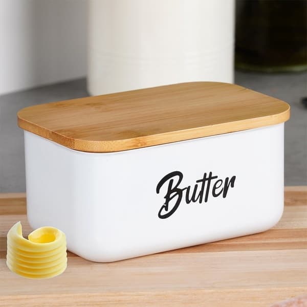 Smörask i vit stål med bambulock och \"Butter\"-text