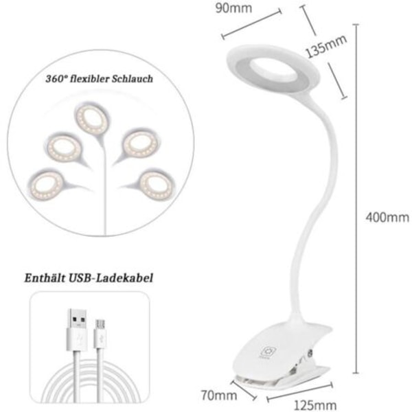 QU/Ulisem LED Klype Leselampe med Berøringssensor Bordlampe for Seng Barn 360° Fleksibel Svanehals Klypelampe USB Oppladbar