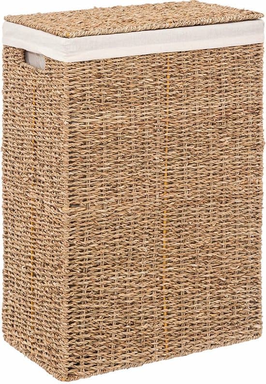 5Five Tvättkorg i flätad rotting med lock 40L Handvävd korg i rektangulär form för badrum sovrum tvättstuga Ljusbrun 38x23x55cm