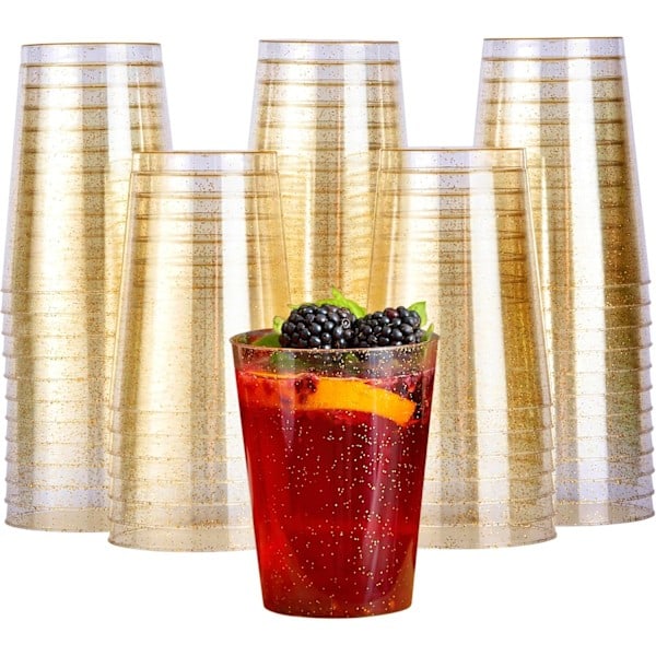 [QD]50 Premium Tykke Plastglass, Plastpartyglass med Gullglitter (285ml / 10oz) - Gjenbrukbare Plastglass, Tumblers