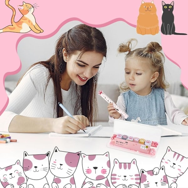 \"QD\" 9 stk Sett med søte kattepoter, tegneserie Kawaii pennspisser, uttrekkbart viskelær, korreksjonstape, klistrelapper, linjal (rosa)