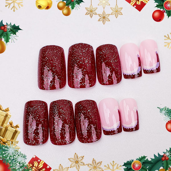\"QD\" Julnaglar i Medium Längd, Press-On, Glitter, Snöflinga, Full Täckning, Jul, Konstgjorda Naglar, Lim-På, Falska Naglar, Kvinnor