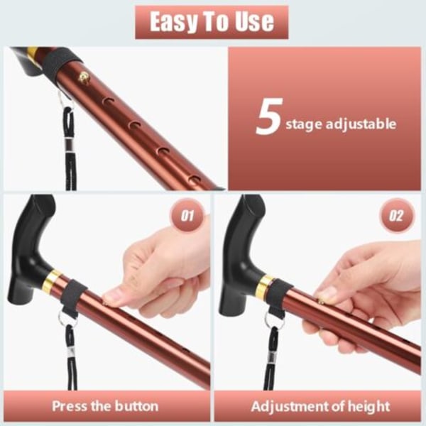 QQU-4-Vikbar Käpp Justerbar Lättvikt Aluminium Metall Vikbar Käpp Halkfri Unisex Käpp för Vandring Trekking Resor