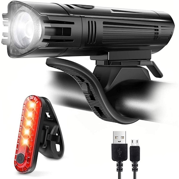 [QD] Superljus cykellampa set, kraftfull LED USB-uppladdningsbar framlampa och baklampa, vattentät, 4 ljuslägen