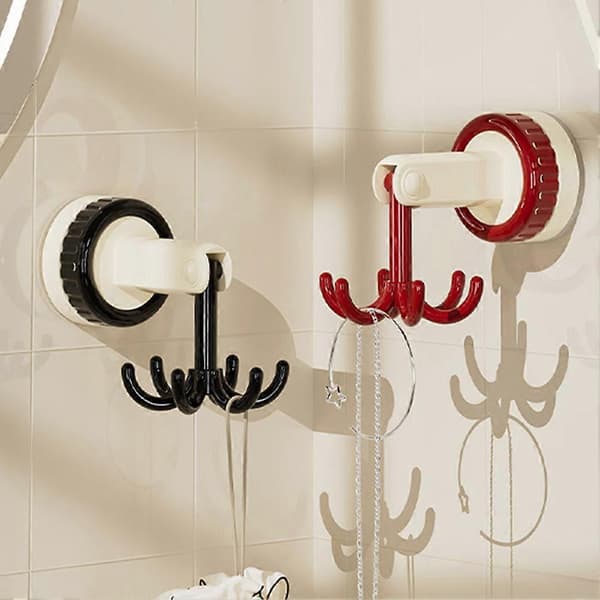360 Degree Rotating Foldable Hook Non-drilling Multifunctional Utensil Rack with 6 Claws for Kitchen White Red