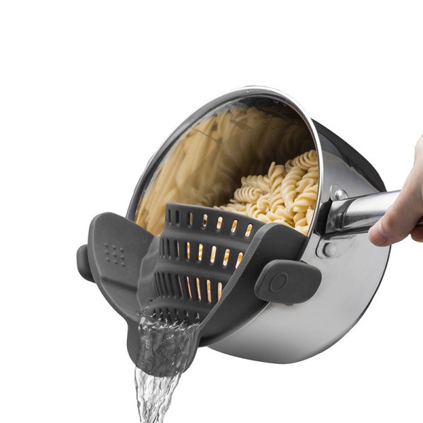 Grytsil och pastasil - Justerbar silikon med clip-on sil för grytor, kastruller och skålar - Kökssked - Grå