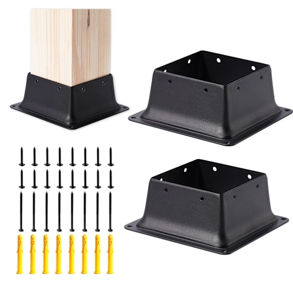 [QD] 2 stk Stolpefeste for Gjerde Svart Pulverlakkert Dekkstolpebase Passer 4 \"x4 \" Standard Trestolpe Feste for Dekk Veranda Rekkverk Støtte