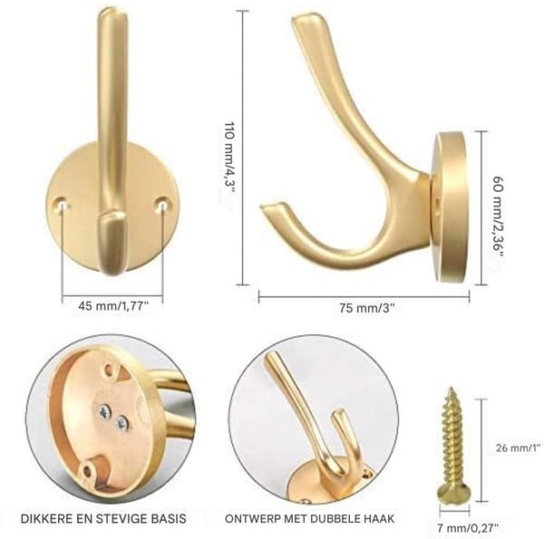 Guldrockkrokar, Väggkrokar, Dubbelkrok, Guld, 4-pack