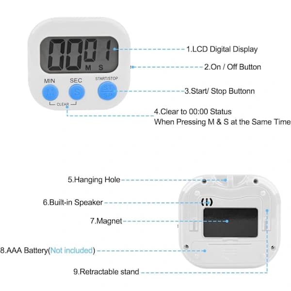 Magnetisk kökstimer från Pieces, Stoppur med stor LCD-display, Nedräkningstimer för matlagning (Vit)