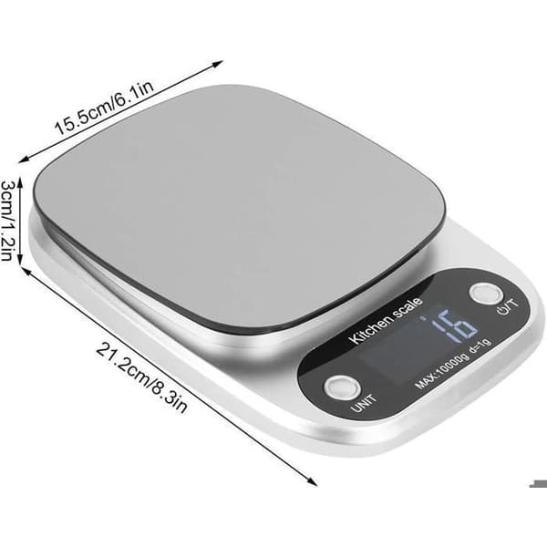 /QD/ Køkkenvægt - Madvægt - med batteri, fra 1 g til 10 kg, vandtæt, sølv - Til vejning af mad og smykker
