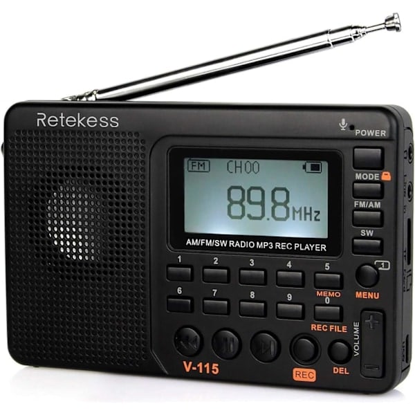 V115 Digital Bärbar Radio, AM FM Personlig Transistorradio, Stöd för TF-kort med Inspelare, MP3-spelare, Sleeptimer (Svart)˜QD
